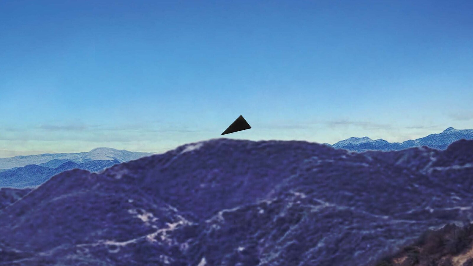 From the FBI's file: the triangle drawn onto a photograph of the site, in its hover position above the ridge (FBI-UAP-D043, page 7). An illustration, not a photograph of the object.